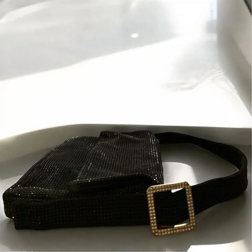 Women's Black Beaded Fabric Rhinestone Buckle Accent Evening Shoulder Handbag